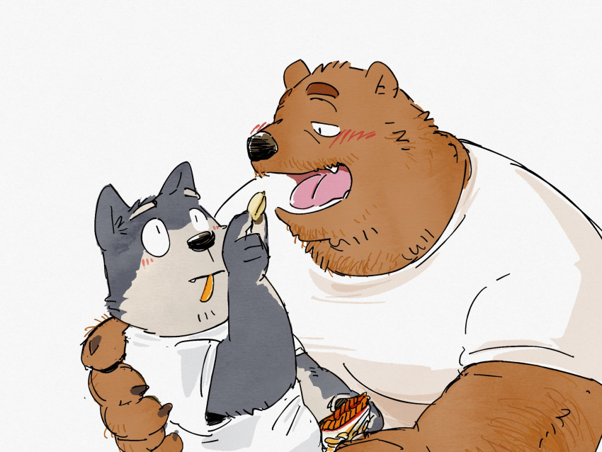 2022 anthro black_nose blush brown_body brown_fur canid canine canis domestic_dog duo eating embrace food fur hi_res hug humanoid_hands kemono male mammal open_mouth overweight overweight_male pommn_mn ursid