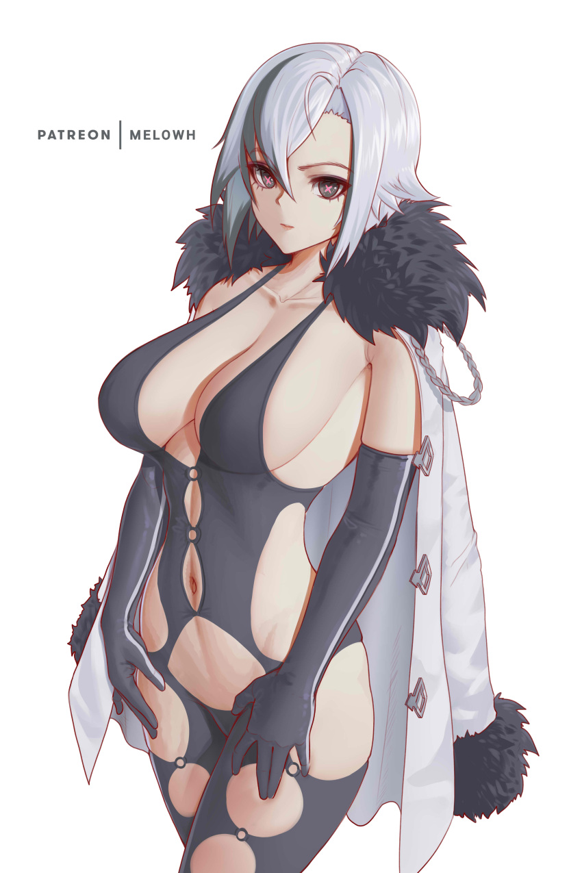 1girl absurdres arlecchino_(genshin_impact) bangs black_gloves black_hair blush breasts cleavage coat coat_on_shoulders collarbone elbow_gloves fur-trimmed_coat fur_trim genshin_impact gloves grey_eyes grey_hair hair_between_eyes highres large_breasts looking_at_viewer melowh multicolored_hair navel red_pupils short_hair sideboob solo streaked_hair symbol-shaped_pupils thighs white_coat x-shaped_pupils