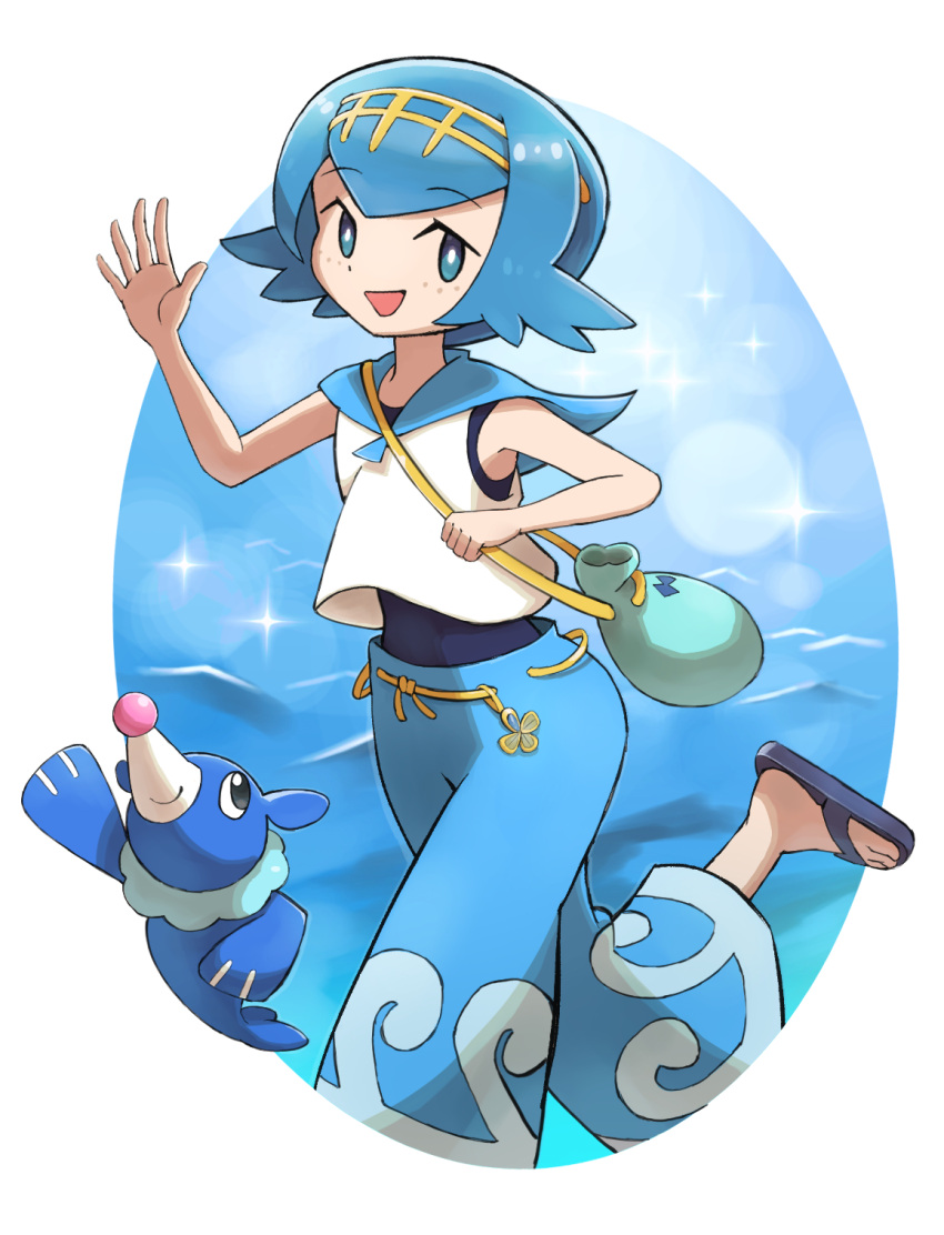 1girl :d blue_eyes blue_hair blue_pants blue_sailor_collar border bright_pupils commentary_request eko000ohce flip-flops freckles green_bag hairband highres holding_strap lana_(pokemon) looking_at_viewer no_sclera one-piece_swimsuit open_mouth pants pokemon pokemon_(creature) pokemon_(game) pokemon_sm popplio sailor_collar sandals shirt short_hair sleeveless sleeveless_shirt smile swimsuit swimsuit_under_clothes wave_print white_border white_pupils white_shirt yellow_hairband