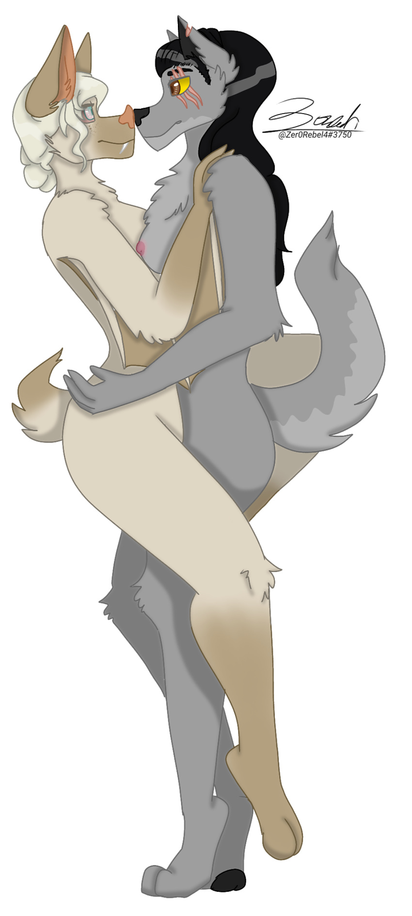 2022 absurd_res albino anthro bat_wings black_hair blue_eyes breasts brown_eyes butt canid canine canis chest_tuft chiropteran digital_drawing_(artwork) digital_media_(artwork) duo eye_scar facial_scar fangs female female/female fluffy full-length_portrait fur grey_body grey_fur hair hair_bun hi_res hybrid interspecies looking_at_another mammal markings membrane_(anatomy) membranous_wings microchiropteran nipples nose_to_nose notched_ear nude pawpads paws phyllostomid portrait pteropodid raised_tail red_sclera romantic romantic_ambiance scar smile tan_body tan_fur tuft vampire vampire_bat were werecanid werecanine werewolf white_body white_fur white_hair white_markings winged_arms wings wolf yangochiropteran yellow_sclera zer0rebel4