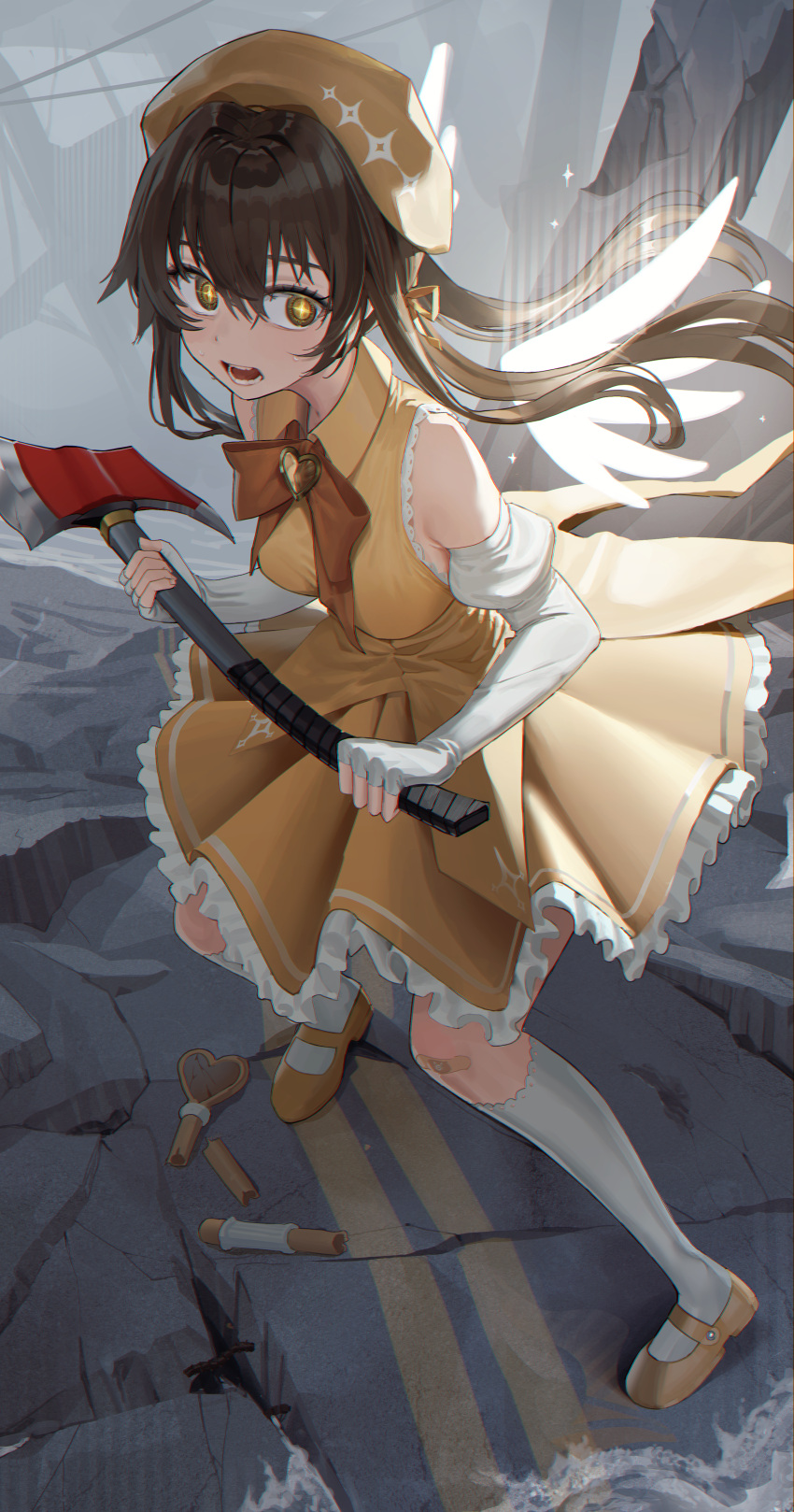 +_+ 1girl absurdres axe bandaid bandaid_on_knee bandaid_on_leg bow broken_wand brown_hair detached_sleeves dress elbow_gloves fingerless_gloves frilled_dress frills gloves goback hair_bow heart_wand highres holding holding_axe long_hair magical_girl open_mouth original red_bow socks solo sparkle sweatdrop white_socks wings yellow_dress