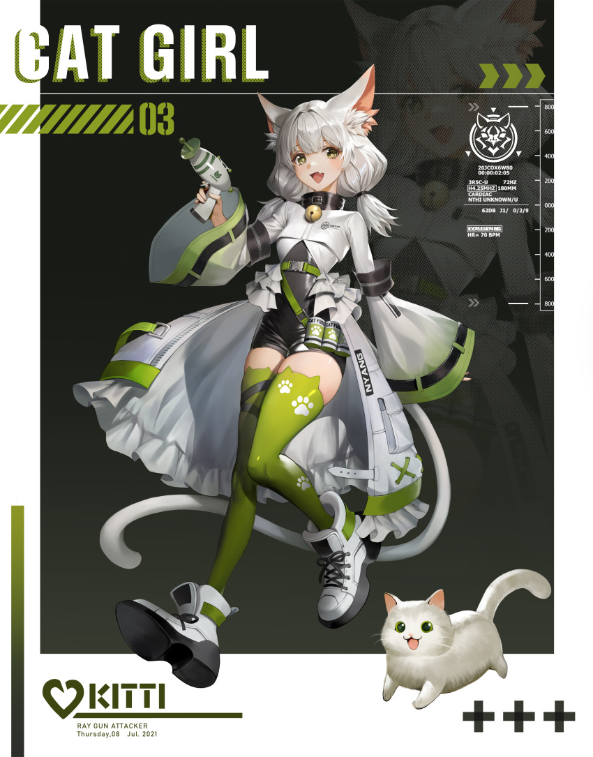 1girl :d absurdres animal_ear_fluff animal_ear_legwear animal_ears bangs bell belt_buckle black_bodysuit blunt_bangs bodysuit border buckle cat cat_ear_legwear cat_ears cat_girl cat_tail chungla coat commentary dated energy_gun english_text fang frilled_coat full_body gradient gradient_background green_eyes green_thighhighs gun hair_intakes halftone hand_up handgun high_collar high_tops highres holding holding_gun holding_weapon holster jingle_bell long_hair long_sleeves looking_at_viewer low_twintails open_mouth original outside_border paw_print pet_food pocket raised_eyebrows ray_gun science_fiction shoelaces sidelocks skin_fang skin_tight skindentation sleeves_past_wrists smile solo symbol-only_commentary tail thighhighs twintails walking weapon white_border white_coat white_footwear white_hair white_tail wide_sleeves zettai_ryouiki zipper