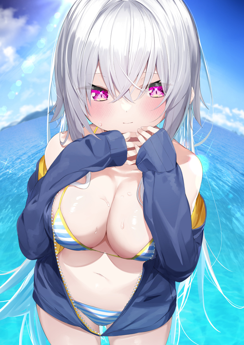 1girl absurdres bangs bare_shoulders bikini bikini_under_clothes blue_jacket blue_sky blush breasts cleavage closed_mouth cloud collarbone commentary_request day grey_hair hair_between_eyes hands_up highres jacket kamioka_shun'ya large_breasts long_hair long_sleeves off_shoulder open_clothes open_jacket original outdoors purple_eyes shiori_(kamioka_shun'ya) sky sleeves_past_wrists solo striped striped_bikini sweat swimsuit very_long_hair water wet