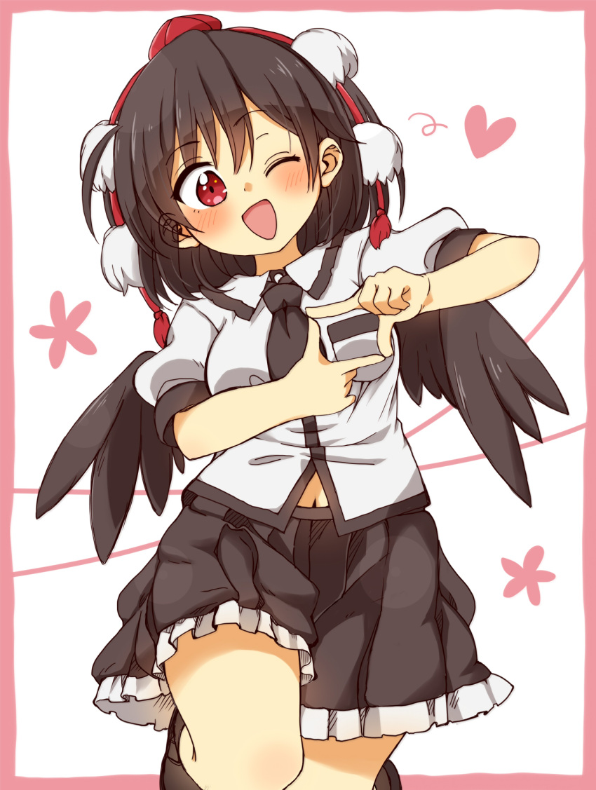 1girl ;d black_footwear black_hair black_necktie black_skirt black_wings border breasts collared_shirt commentary_request dress_shirt ears_visible_through_hair feathered_wings finger_frame frilled_skirt frills hair_between_eyes hat head_tilt heart highres looking_at_viewer midriff_peek navel necktie one_eye_closed open_mouth pink_border pleated_skirt pom_pom_(clothes) puffy_short_sleeves puffy_sleeves red_eyes red_hat shameimaru_aya shirt shoes short_sleeves skirt small_breasts smile solo tokin_hat totoharu_(kujirai_minato) touhou white_background white_shirt wings