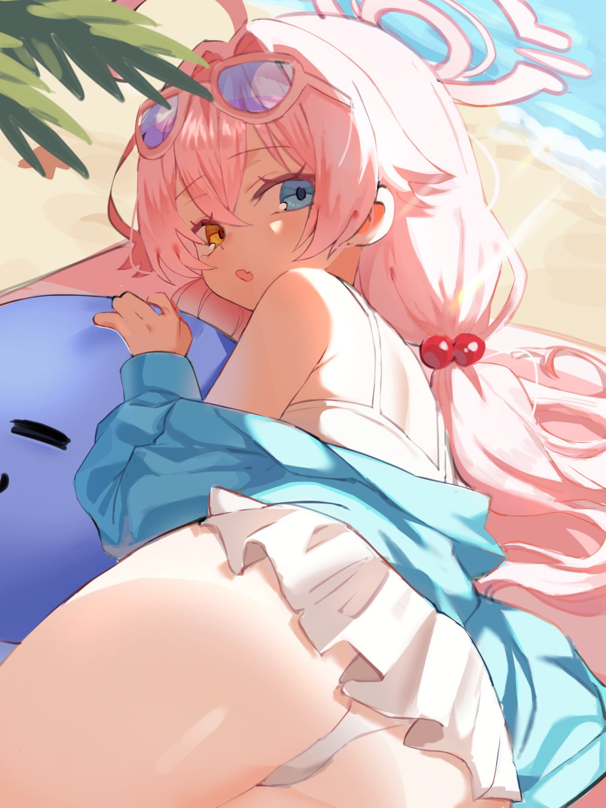 1girl ahoge ass beach bikini bikini_skirt blue-tinted_eyewear blue_archive blue_eyes blue_jacket eyewear_on_head fang frilled_bikini frills from_behind hair_between_eyes hair_bobbles hair_ornament halo heterochromia highres hoshino_(blue_archive) hoshino_(swimsuit)_(blue_archive) inflatable_toy jacket long_hair looking_at_viewer looking_back low_twintails lying off_shoulder official_alternate_costume on_side open_mouth outdoors pink_hair pink_halo s0a0id skin_fang solo sunglasses swimsuit tinted_eyewear twintails white-framed_eyewear white_bikini yellow_eyes