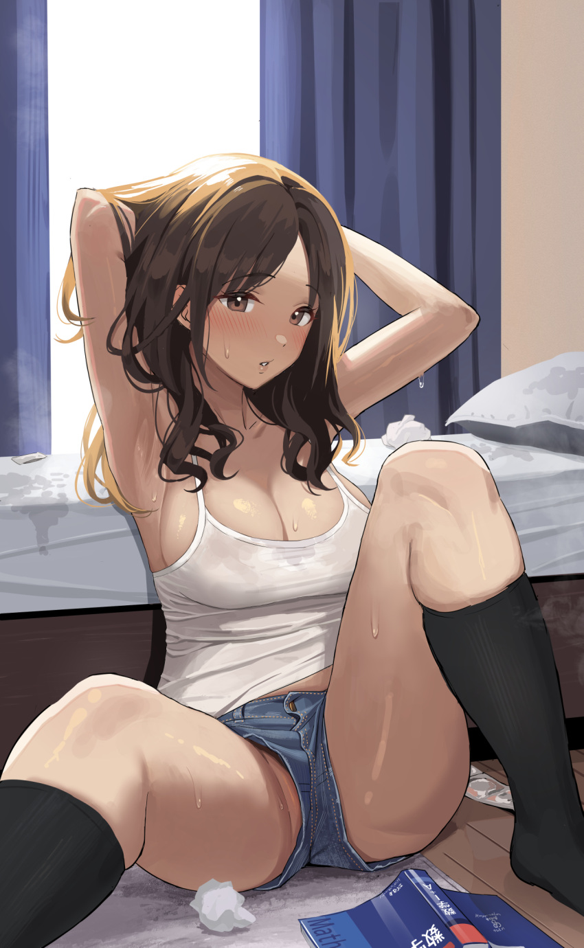 1girl armpits arms_behind_head arms_up bangs bare_arms bed black_socks blue_shorts book breasts brown_eyes brown_hair cleavage commentary_request condom condom_wrapper curtains denim denim_shorts duplicate highres indoors knee_up large_breasts long_hair looking_at_viewer micro_shorts midriff_peek no_shoes original parted_bangs parted_lips pillow pixel-perfect_duplicate short_shorts shorts sideboob sitting skindentation socks solo spread_legs stained_clothes stained_sheets sweat sweaty_clothes taniguchi_daisuke_(surumenium) tank_top thighs used_tissue wet wet_clothes white_tank_top