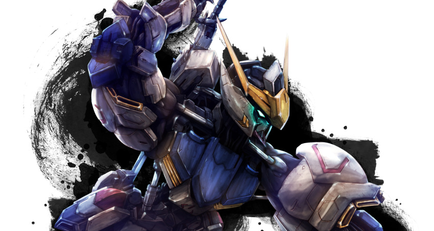 arm_up blue_eyes glowing glowing_eyes gundam gundam_barbatos gundam_tekketsu_no_orphans highres ink mecha no_humans robot sheath sheathed solo sword takkayuuki v-fin weapon weapon_on_back