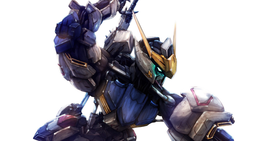 arm_up blue_eyes glowing glowing_eyes gundam gundam_barbatos gundam_tekketsu_no_orphans highres mecha no_humans robot sheath sheathed simple_background solo sword takkayuuki v-fin weapon weapon_on_back white_background