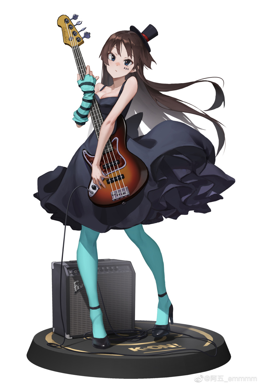 1girl a_wu absurdres akiyama_mio amplifier aqua_gloves aqua_pantyhose bangs bare_shoulders bass_guitar black_dress black_footwear black_headwear blue_eyes bow breasts brown_hair cable chinese_commentary cleavage collarbone commentary_request don't_say_"lazy" dress dress_bow elbow_gloves facial_mark figure_stand floating_hair frilled_dress frills full_body gloves hand_up hat high_heels highres holding holding_instrument instrument k-on! legs_apart long_hair looking_at_viewer mini_hat mini_top_hat pantyhose simple_background single_elbow_glove sleeveless sleeveless_dress solo spaghetti_strap striped striped_gloves top_hat white_background