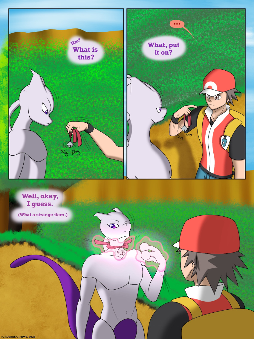 anthro bell clothed clothing comic dialogue digital_media_(artwork) duo dustin_c english_text felid feline hair hi_res human legendary legendary_pok&eacute;mon male male/male mammal mewtwo nintendo pok&eacute;mon pok&eacute;mon_(species) red_(pok&eacute;mon) simple_background soothe_bell speech_bubble text video_games