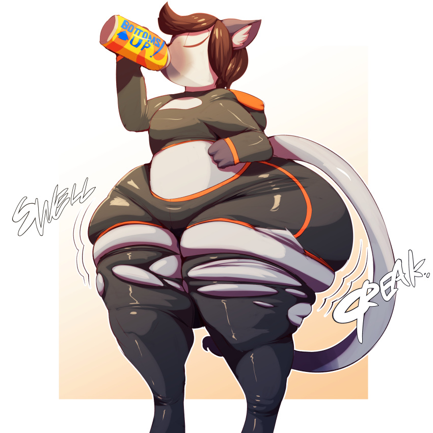 abstract_background absurd_res anthro beverage_can big_butt bottomwear brown_hair butt butt_expansion clothing cropped_hoodie domestic_cat drinking expansion eyes_closed felid feline felis fur grey_body grey_fur hair hi_res legwear male mammal onomatopoeia ripping shorts siamese solo sound_effects text thick_thighs thigh_expansion thigh_highs torn_clothing trinity-fate62 valery_funika