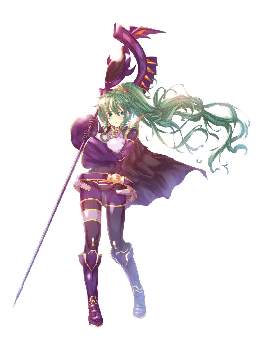 1girl armor belt belt_buckle black_cloak black_gloves black_thighhighs blush buckle cloak closed_mouth detached_sleeves duel_monster el_shaddoll_winda gem glint gloves greaves green_eyes green_gemstone green_hair hair_between_eyes hatching highres holding holding_staff long_hair ponytail purple_armor purple_belt purple_footwear simple_background sleeves_past_wrists solo staff takkayuuki thighhighs tiara very_long_hair white_background wide_sleeves winda_priestess_of_gusto yu-gi-oh!