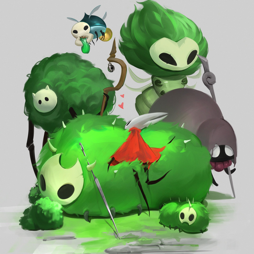 aknid_(hollow_knight) arthropod_girl beads bell black_eyes black_skin blank_eyes brown_cloak chapel_maid_(hollow_knight) cloak colored_skin eating flying from_behind full_body grass grey_background hdhenry heart highres holding holding_stick hollow_eyes hollow_knight hollow_knight:_silksong hood hood_up horned_mask hornet_(hollow_knight) horns hug hunched_over looking_at_viewer mask massive_mossgrub_(hollow_knight) moss moss_druid_(hollow_knight) moss_mother_(hollow_knight) mossgrub_(hollow_knight) prayer_beads red_cloak scar scar_across_eye scar_on_face shaman simple_background spikes staff stick white_eyes white_mask