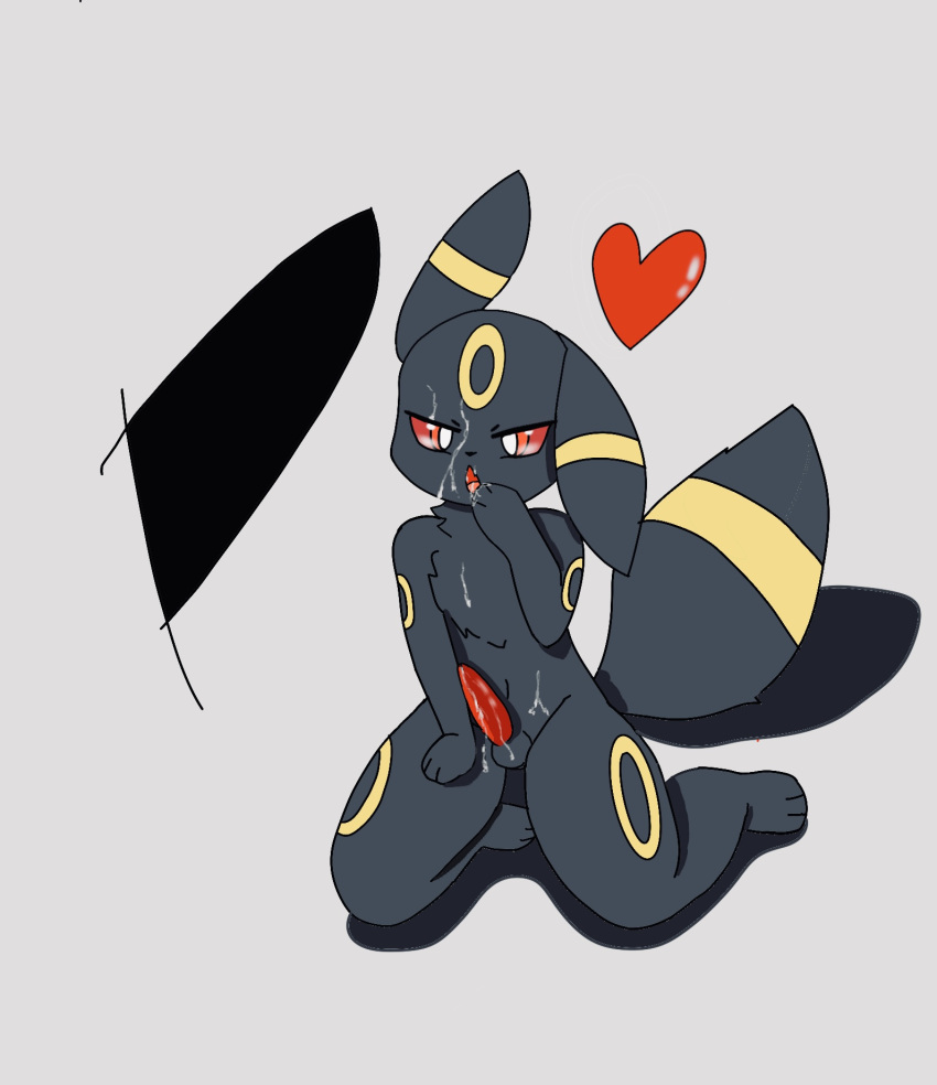 &lt;3 anthro balls bodily_fluids cum cum_on_body cum_on_face duo eeveelution genital_fluids genitals grey_background hi_res kneeling male male/male nintendo penis pok&eacute;mon pok&eacute;mon_(species) pok&eacute;morph red_eyes simple_background umbreon video_games vitamin500