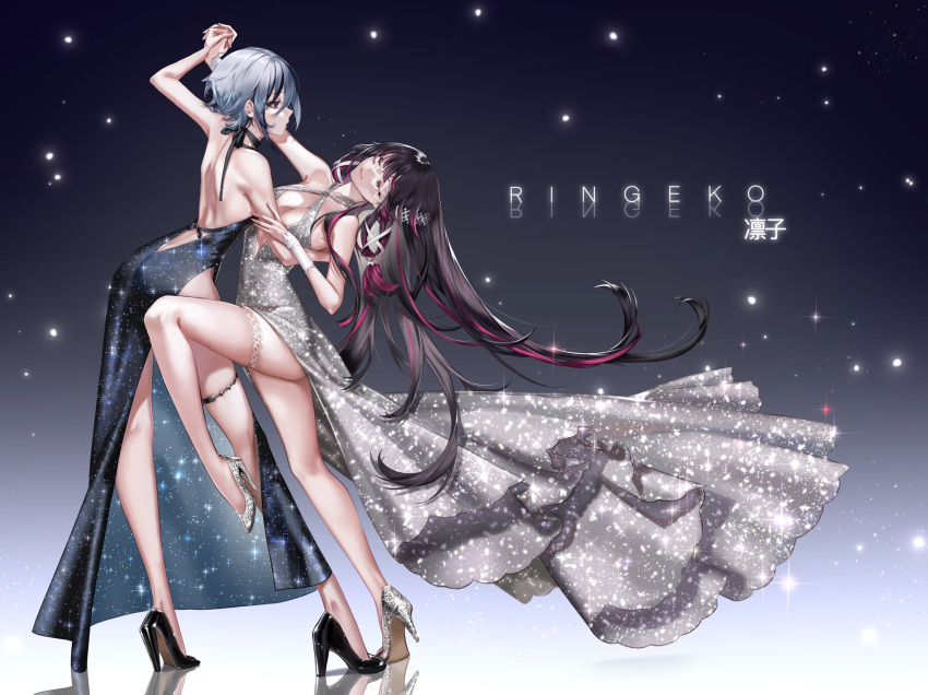 2girls arlecchino_(genshin_impact) artist_name ass back backless_dress backless_outfit bangs bare_shoulders black_dress black_footwear black_hair breasts cleavage_cutout closed_eyes clothing_cutout columbina_(genshin_impact) criss-cross_halter dancing dress eye_mask full_body genshin_impact hair_between_eyes hair_ornament hair_ribbon halter_dress halterneck high_heels highres holding_another's_arm holding_hands knee_up leaning_back legs long_hair looking_at_another median_furrow medium_breasts multicolored_hair multiple_girls purple_hair red_hair ribbon ringeko-chan short_hair silver_dress silver_footwear sparkle sparkle_print standing standing_on_one_leg streaked_hair thighlet thighs two-tone_hair very_long_hair white_hair white_mask white_ribbon