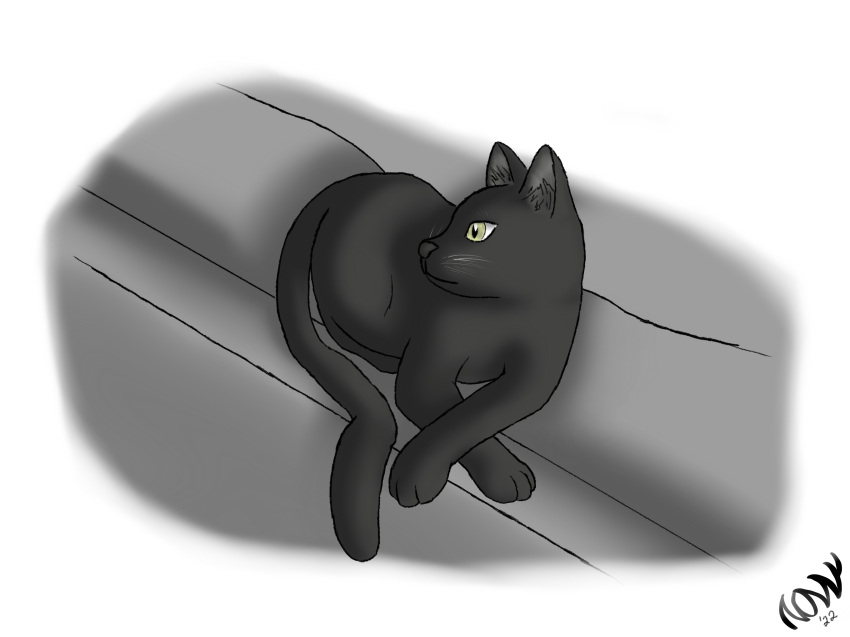 absurd_res ambiguous_gender black_body black_fur domestic_cat felid feline felis feral fur furniture green_eyes grey_body grey_fur grey_nose hi_res looking_away lying mammal nonny18675309 reclining reclining_pose sofa solo whiskers