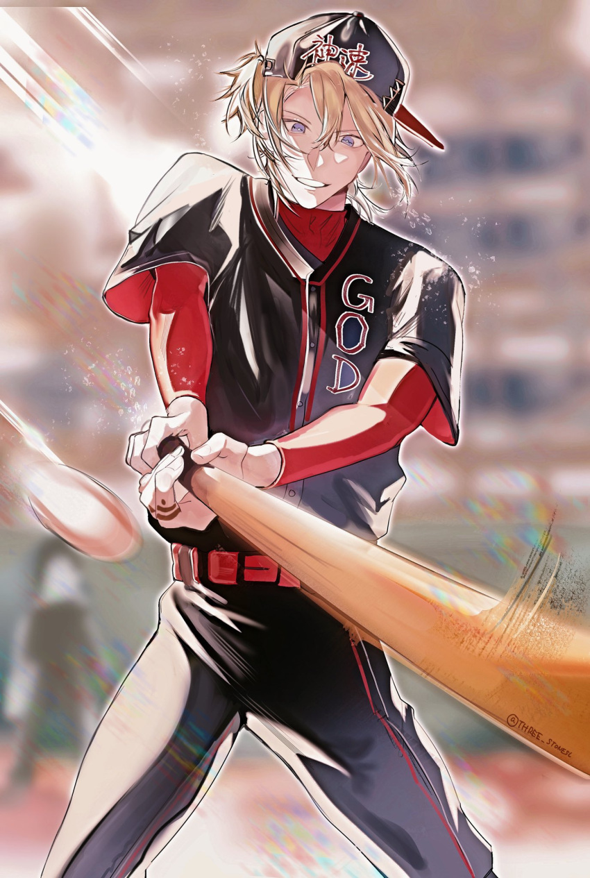 1boy baseball baseball_bat baseball_cap baseball_uniform black_pants blonde_hair clothes_writing facing_viewer finger_tattoo hat highres holding holding_baseball_bat looking_down luca_kaneshiro male_focus motion_blur nijisanji nijisanji_en pants purple_eyes short_hair short_sidetail sideways_hat speed_lines sportswear tattoo three_stone twitter_username virtual_youtuber