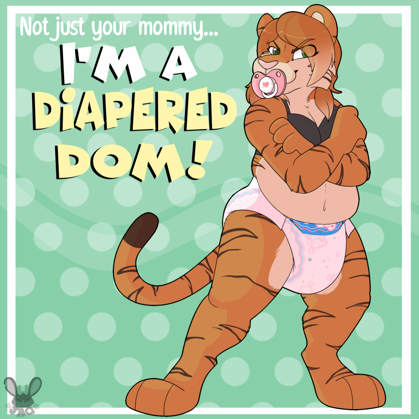 anthro brown_stripes crossed_arms diaper felid female fur green_eyes hair hi_res jaqrabbit_(artist) lisa_(tiger) mammal multicolored_body multicolored_fur multicolored_hair orange_body orange_fur overweight pacifier pantherine pink_diaper role_reversal slightly_chubby smile smirk solo stripes tiger trans_(lore) trans_woman_(lore) two_tone_body two_tone_fur two_tone_hair