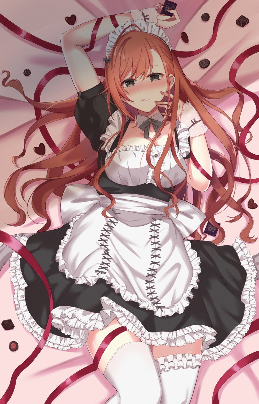 1girl 777nasu absurdres apron arisugawa_natsuha black_eyes commentary_request detached_collar frilled_skirt frills highres idolmaster idolmaster_shiny_colors long_hair looking_at_viewer lying maid maid_headdress miniskirt on_back on_bed orange_hair puffy_short_sleeves puffy_sleeves short_sleeves skirt solo thighhighs valentine waist_apron white_apron zettai_ryouiki