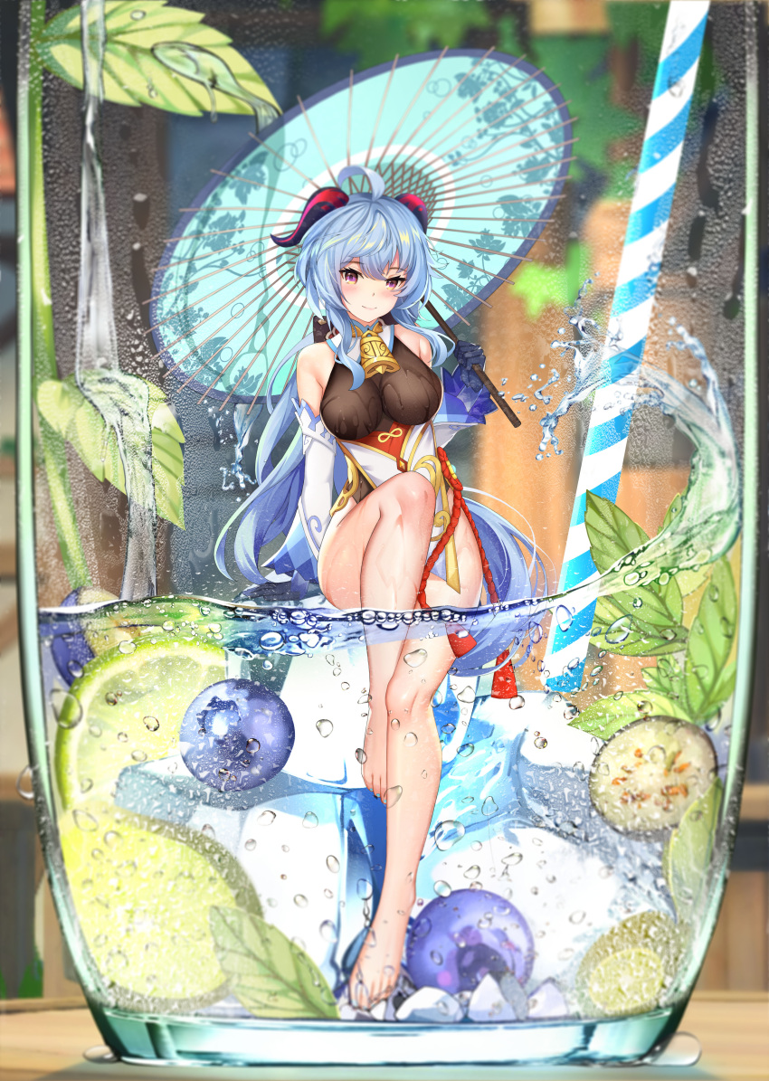 1girl absurdres ahoge aze_not_bald bangs bare_shoulders barefoot bell blue_gloves blue_hair blush breasts detached_sleeves food fruit ganyu_(genshin_impact) genshin_impact gloves gold_trim highres holding holding_umbrella horns lemon long_hair looking_at_viewer medium_breasts neck_bell no_legwear oil-paper_umbrella partially_submerged purple_eyes sidelocks sitting smile soaking_feet solo summer tassel thighs umbrella vision_(genshin_impact) water wet wet_clothes white_sleeves