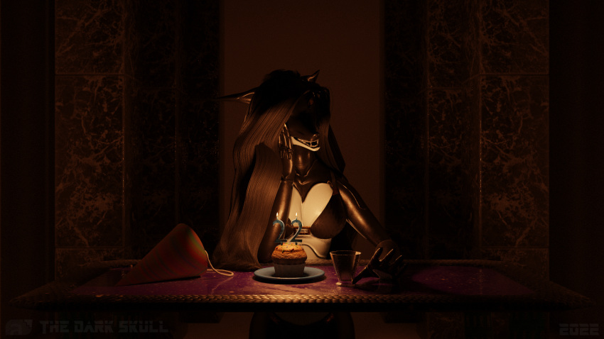 16:9 2022 3d_(artwork) anthro atmospheric birthday blender_(software) breasts cake canid canine canis clothed clothing dark dessert digital_media_(artwork) female fire food hair hi_res jackal mammal nails open_mouth solo synth_(disambiguation) synthetic the_dark_skull widescreen
