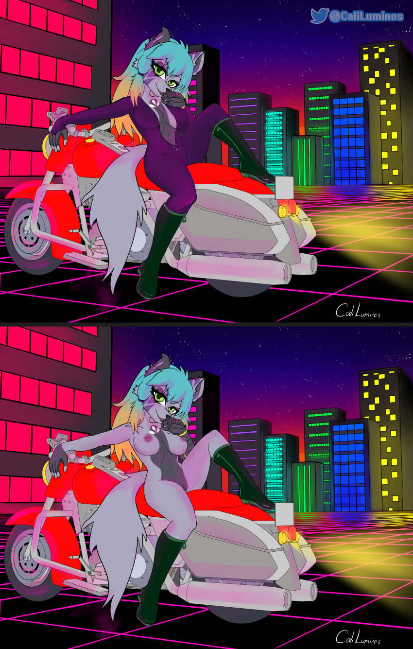 absurd_res anthro bike_(disambiguation) caliluminos canid canine canis clothing female hi_res mammal solo suit synthwave wolf