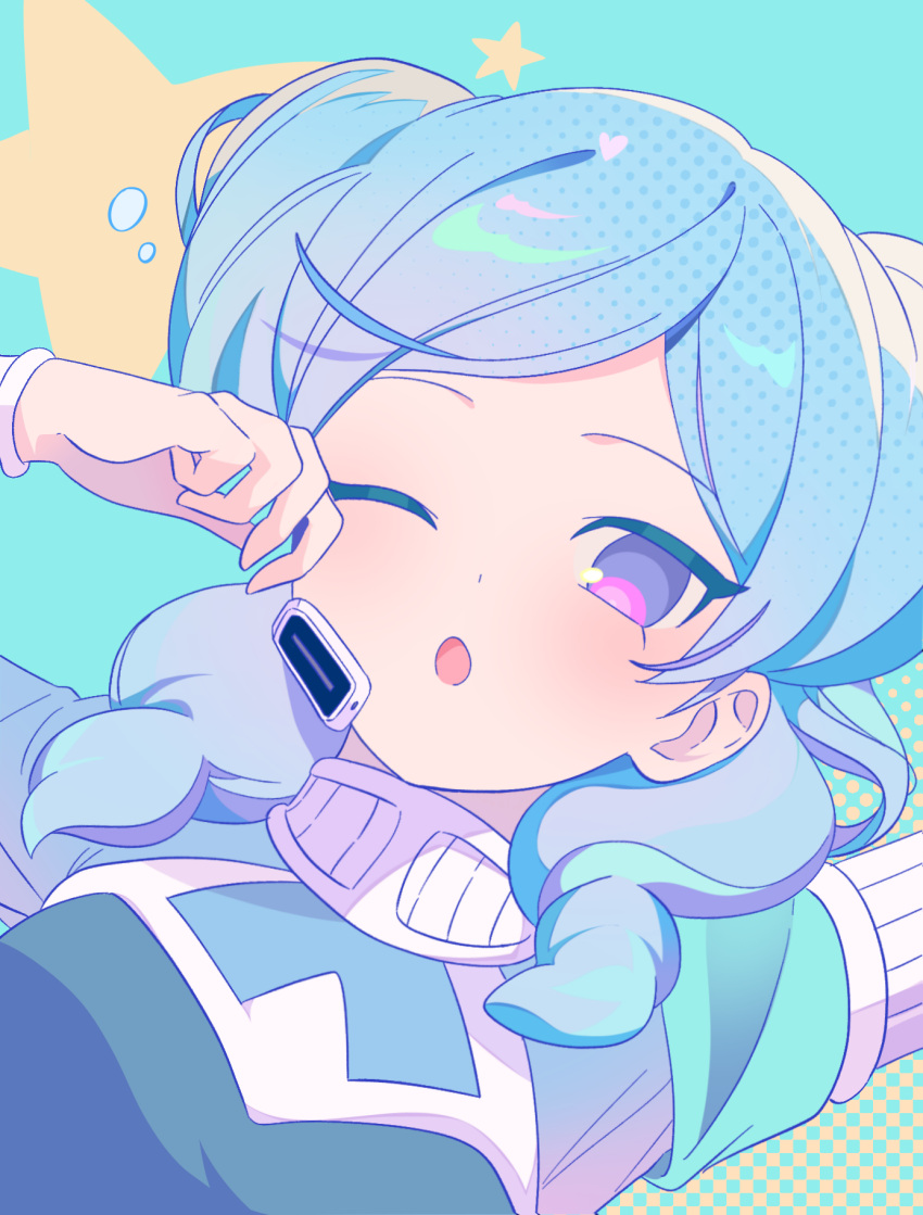 1girl beta_(inazuma_eleven) blue_background blue_hair bodysuit commentary double_bun ebi_(shrimp_eleven) grey_bodysuit hair_bun highres inazuma_eleven inazuma_eleven_(series) inazuma_eleven_go inazuma_eleven_go_chrono_stone inazuma_eleven_victory_road light_blush long_hair looking_at_viewer protocol_omega purple_eyes rubbing_eyes simple_background upper_body