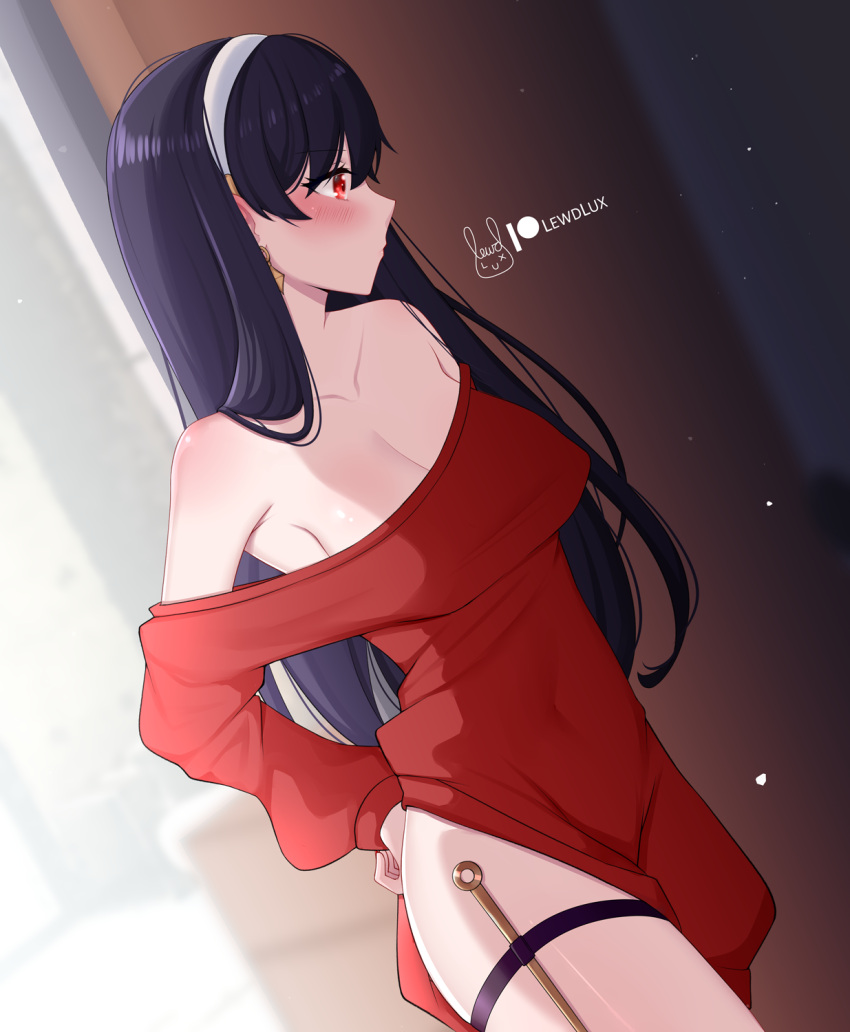 1girl adjusting_clothes artist_name bare_shoulders black_hair blush breasts cleavage dagger earrings hair_down hairband highres jewelry knife lewdlux long_hair long_sleeves looking_to_the_side medium_breasts off_shoulder red_eyes red_sweater solo spy_x_family sweater thigh_strap thighs weapon yor_briar