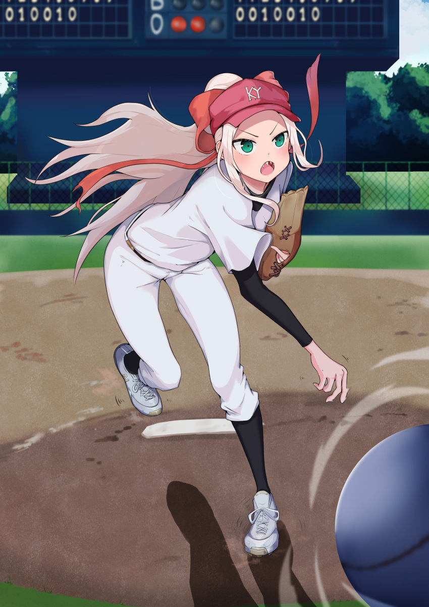 1girl absurdres baseball baseball_cap day fang fence fudatsuki_kyouko fudatsuki_no_kyouko-chan green_eyes hair_ribbon hat highres long_hair oo_s outdoors pants pitching pitching_mound red_headwear red_ribbon ribbon scoreboard shadow sharp_teeth short_sleeves standing standing_on_one_leg teeth throwing white_pants