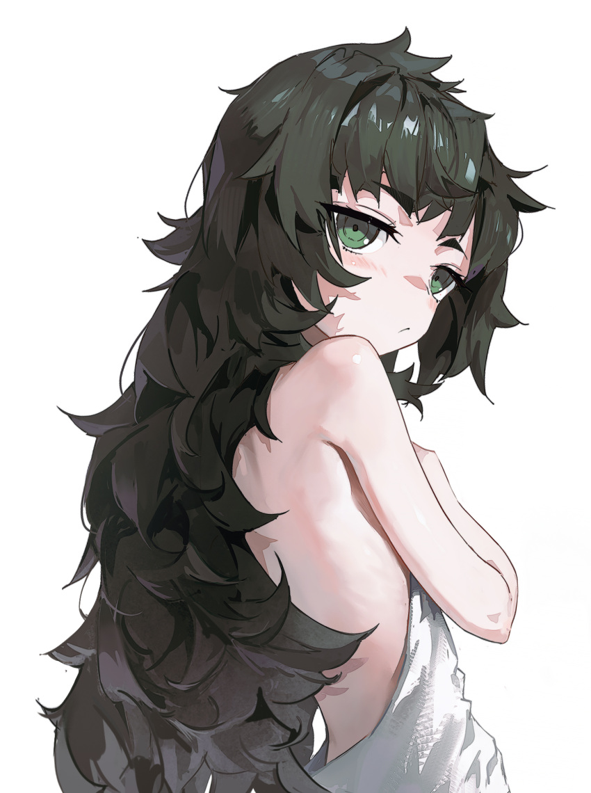 1girl backless_dress backless_outfit bare_arms bare_shoulders black_hair blush closed_mouth dino_(dinoartforame) dress from_behind green_eyes hand_on_own_chest highres hiyajou_maho long_hair looking_at_viewer looking_back simple_background solo steins;gate steins;gate_0 upper_body very_long_hair white_background white_dress