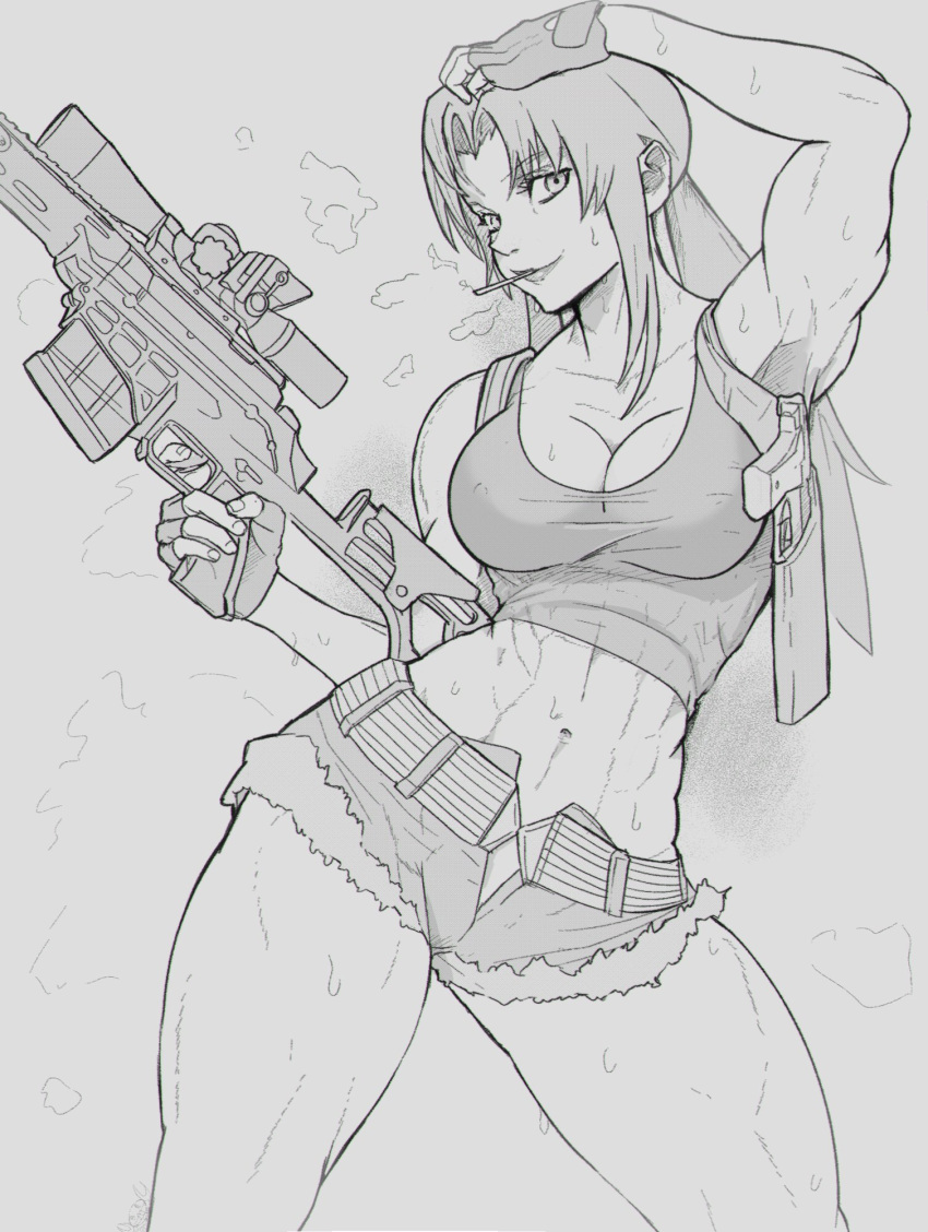 1girl abs black_lagoon breasts cleavage cowboy_shot fingerless_gloves gloves greyscale gun handgun highres holding holding_weapon long_hair looking_at_viewer monochrome muscular muscular_female ponytail revy_(black_lagoon) rifle shorts smoking sniper_rifle solo sweat tank_top thick_thighs thighs weapon yoracrab