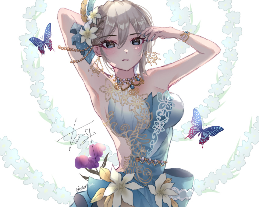 1girl :o absurdres armpits arms_up b9-n3 bangle blue_butterfly blue_dress blush bracelet bug butterfly dress flower flower_ornament grey_hair hair_between_eyes hair_flower hair_ornament highres idolmaster idolmaster_cinderella_girls idolmaster_cinderella_girls_starlight_stage jewelry looking_at_viewer necklace patterned_background pearl_necklace shiomi_syuko solo strapless strapless_dress upper_body