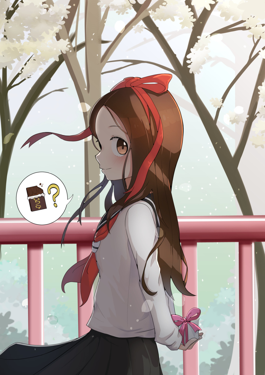 1girl ? absurdres arms_behind_back brown_eyes brown_hair day gift hair_ribbon highres holding holding_gift karakai_jouzu_no_takagi-san long_hair long_sleeves oo_s outdoors railing red_ribbon ribbon school_uniform smile solo speech_bubble spoken_food standing takagi-san tree