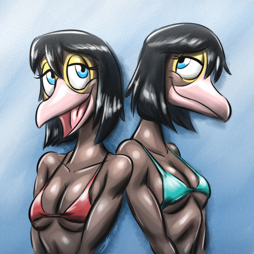 2022 anatid anseriform anserinae anthro avian bassybefuddle bikini bird black_hair black_pupils blue_background blue_bikini blue_bikini_top blue_bra blue_clothing blue_eyes blue_swimwear blue_underwear bra breasts brown_body brown_feathers clothing duo feathers female goose hair half-closed_eyes hi_res looking_up markings medium_breasts narrowed_eyes pink_beak pupils red_bikini red_bikini_top red_bra red_clothing red_underwear short_hair sibling simple_background sister sisters smile swimwear underwear yellow_body yellow_feathers yellow_markings