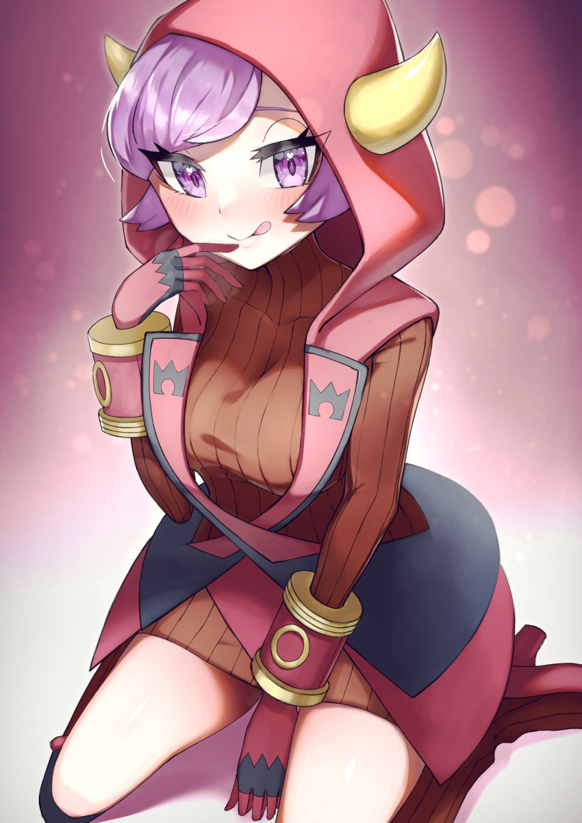 1girl :p blush boots courtney_(pokemon) fake_horns gloves high_heel_boots high_heels highres hood hood_up horns long_sleeves looking_at_viewer pokemon pokemon_(game) pokemon_oras purple_eyes purple_hair red_gloves red_sweater ribbed_sweater rindoriko seiza short_hair sitting solo sweater team_magma tongue tongue_out