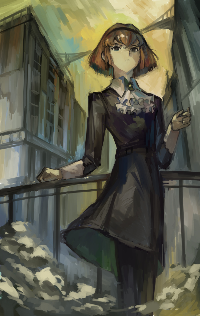 1girl absurdres android ascot bangs black_dress black_eyes black_hairband bob_cut brooch building dress hairband highres jewelry kornod leaning_on_rail outdoors pantyhose r_dorothy_wayneright red_hair short_hair standing the_big_o white_ascot