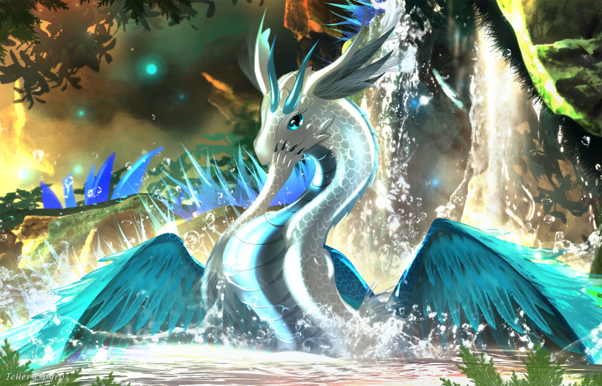 2022 blue_eyes claws day detailed_background digital_media_(artwork) dragon feathered_wings feathers female feral forest hi_res outside paws plant scales solo telleryspyro tree water white_body white_scales wings