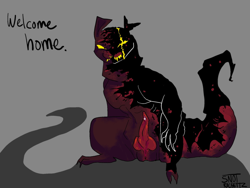 artificer_(rain_world) black_scar bodily_fluids english_text eye_scar facial_scar feral genital_fluids genitals handwritten_text herm hi_res intersex knot knotted_penis looking_at_viewer penis precum rain_world red_body red_penis red_skin red_tail red_vulva scar slugcat snotrockettz solo tail teeth teeth_showing text torn_ear videocult vulva yellow_eyes yellow_teeth