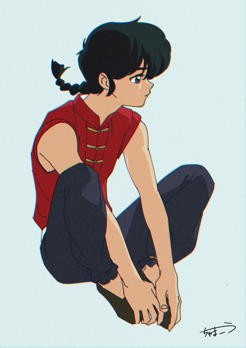 1boy absurdres black_footwear blue_eyes braid braided_ponytail chama_kou closed_mouth full_body highres on_floor ranma_1/2 saotome_ranma simple_background sitting solo