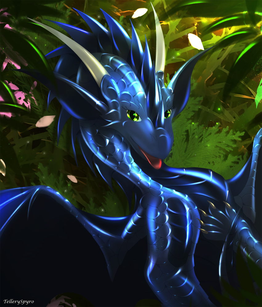 2022 blue_body blue_scales day detailed_background digital_media_(artwork) dragon female feral forest green_eyes hi_res horn membrane_(anatomy) membranous_wings outside plant scales solo spines telleryspyro tree wings