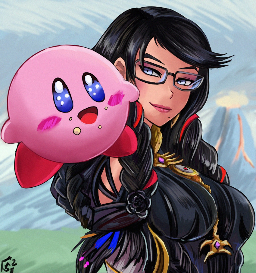 1girl 1other bayonetta bayonetta_(series) bayonetta_3 black_hair blush braid earrings eyeshadow food glasses gloves jewelry kirby kirby_(series) kirby_and_the_forgotten_land lipstick long_hair makeup mole mole_under_mouth multicolored_hair red_hair ribbon smile stoic_seraphim streaked_hair super_smash_bros. twin_braids