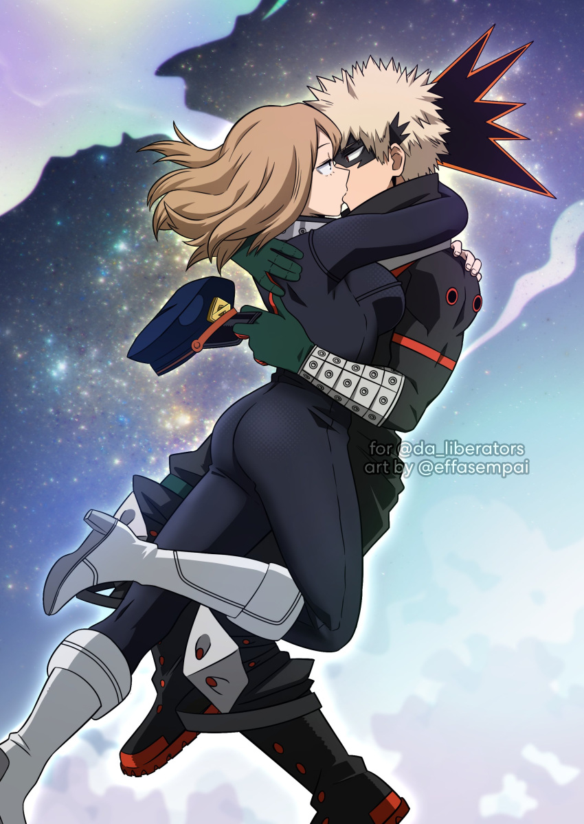 1boy 1girl absurdres angry ass bakugou_katsuki blonde_hair blush bodysuit boku_no_hero_academia boots breasts brown_eyes brown_hair effasempai eye_mask from_behind hat hat_removed headwear_removed high_collar highres holding holding_clothes holding_hat hug kiss large_breasts latex latex_bodysuit long_hair red_eyes short_hair spiked_hair utsushimi_kemii white_footwear