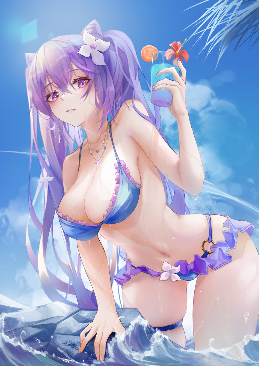 1girl absurdres alternate_costume arm_support bangs bare_arms bare_shoulders beach bikini bikini_skirt blue_sky blush breasts cleavage cloud cone_hair_bun crossed_bangs cup day double_bun drink flower frilled_bikini frills genshin_impact hair_between_eyes hair_bun hair_flower hair_ornament halterneck hibiscus highres holding holding_cup holding_drink jewelry keqing_(genshin_impact) large_breasts leaning_forward looking_at_viewer miniskirt necklace o-ring o-ring_bikini parted_lips purple_eyes purple_hair skindentation skirt sky solo summer sunlight swimsuit thigh_strap tropical_drink turbulence wading waves wet