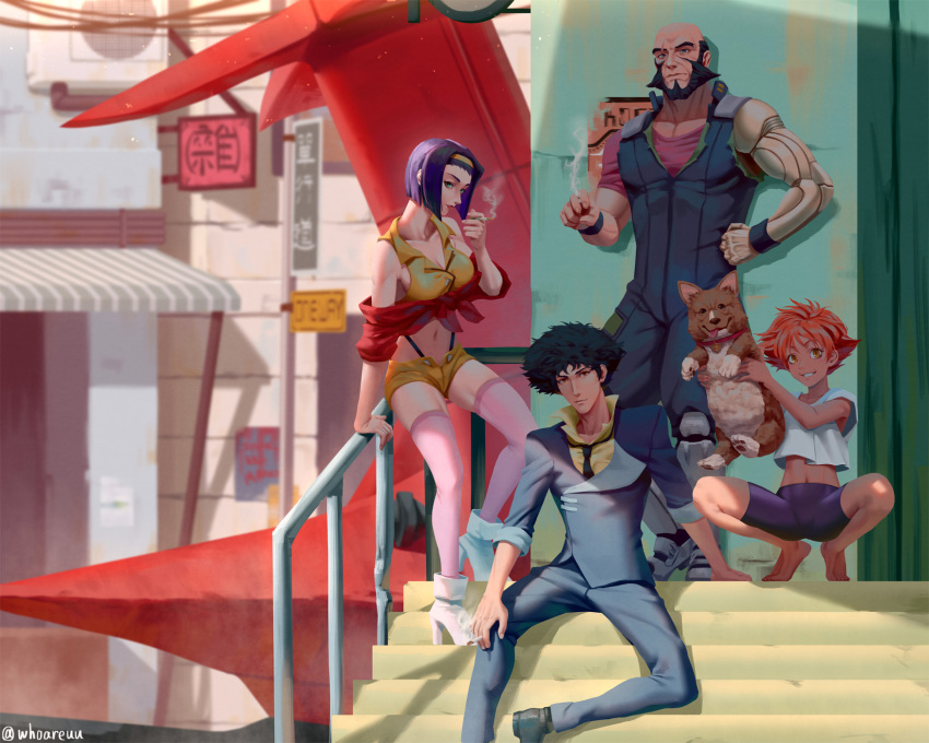 barefoot beard breasts cigarette collar cowboy_bebop dark-skinned_female dark_skin edward_wong_hau_pepelu_tivrusky_iv ein_(cowboy_bebop) facial_hair faye_valentine female_child green_eyes hairband highres jet_black legs navel orange_hair prosthesis prosthetic_arm purple_hair scar scar_across_eye science_fiction sitting sitting_on_stairs smoking spike_spiegel stairs swordfish_ii white_footwear whoareuu yellow_hairband