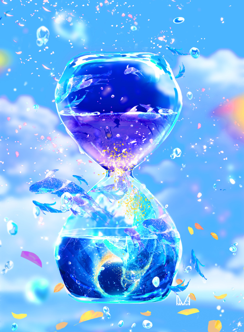artist_name blurry blurry_background bubble cloud cloudy_sky day falling_petals fish flying flying_animal flying_whale highres hourglass makoron117117 nature no_humans original petals scenery signature sky sparkle water water_drop whale