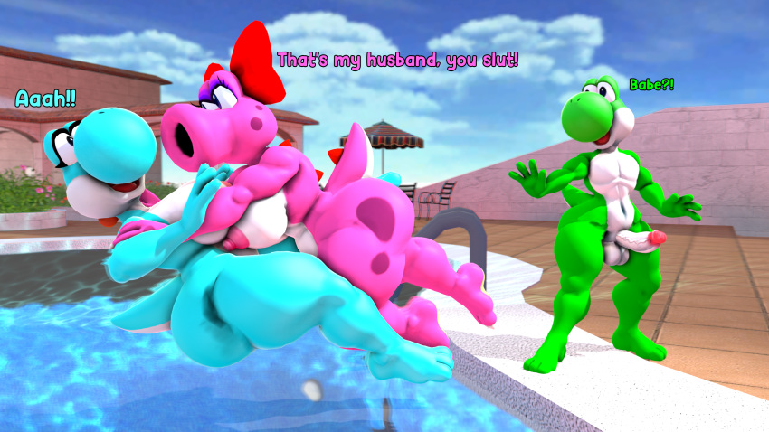 3d_(artwork) angry anthro barefoot big_breasts birdo breasts curvy_figure daemont92 dialogue digital_media_(artwork) dinosaur erection falling feet female group hi_res imminent_fight male male/female mario_bros muscular muscular_female nintendo nipples nude nudist reptile scalie shove source_filmmaker swimming_pool tackle thick_thighs trio video_games voluptuous water wide_hips yoshi