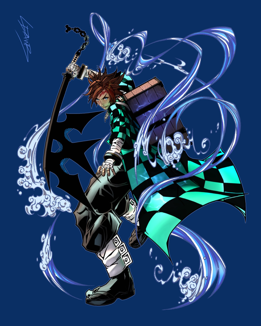 1boy baggy_pants bandaged_arm bandages bangle black_pants blue_background blue_eyes bracelet brown_hair checkered_clothes crate fighting_stance fingerless_gloves full_body fusion gloves highres jewelry kamado_tanjirou keyblade kimetsu_no_yaiba kingdom_hearts ldawb male_focus pants sandals scar scar_on_face scar_on_forehead short_hair signature socks solo sora_(kingdom_hearts) spiked_hair