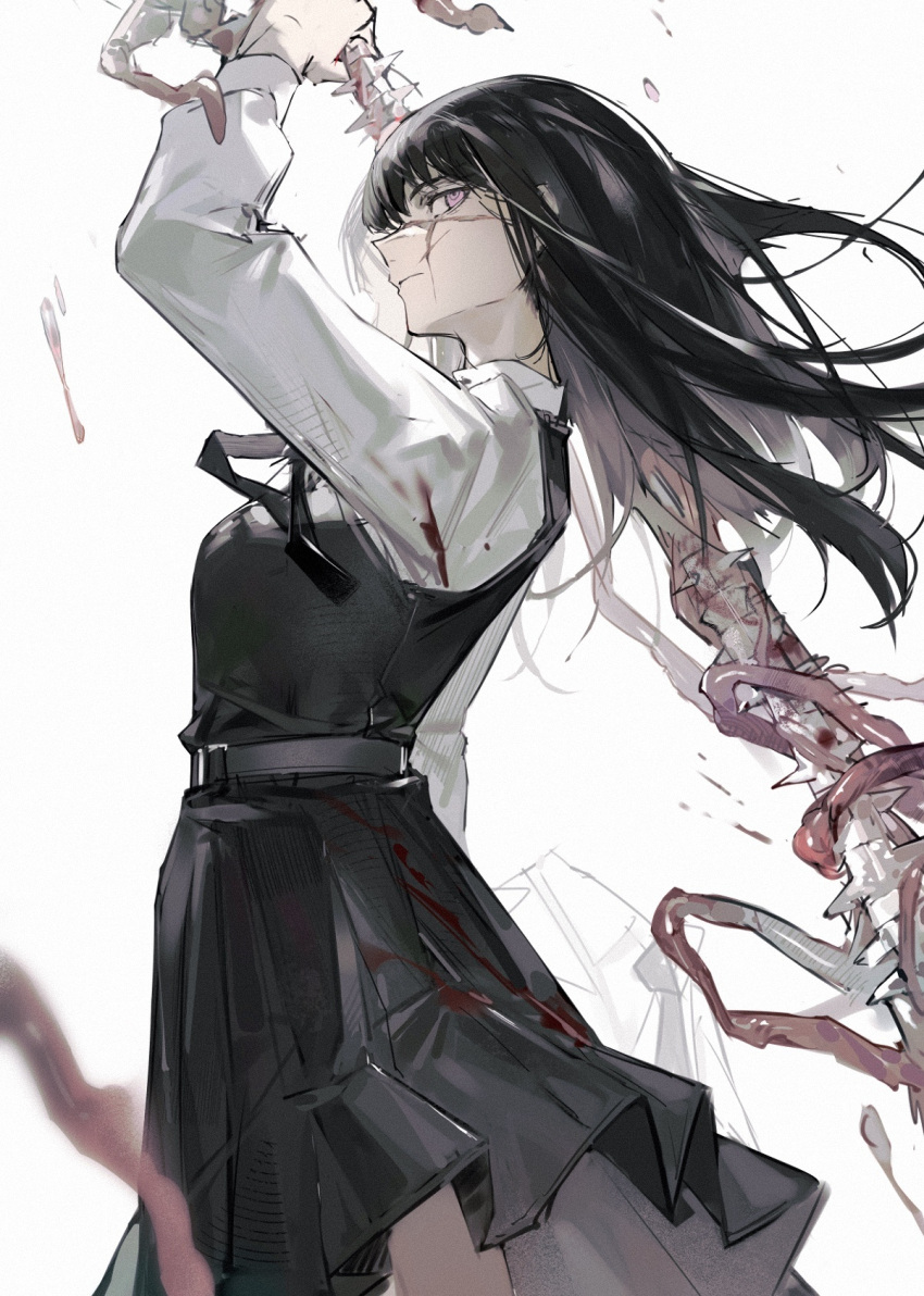 1girl arm_up belt black_belt black_dress black_hair chainsaw_man closed_mouth dress from_side highres holding holding_weapon intestines kagura_tohru long_hair long_sleeves mitaka_asa pinafore_dress purple_eyes scar scar_on_face shirt simple_background solo standing war_devil_(chainsaw_man) weapon white_background white_shirt