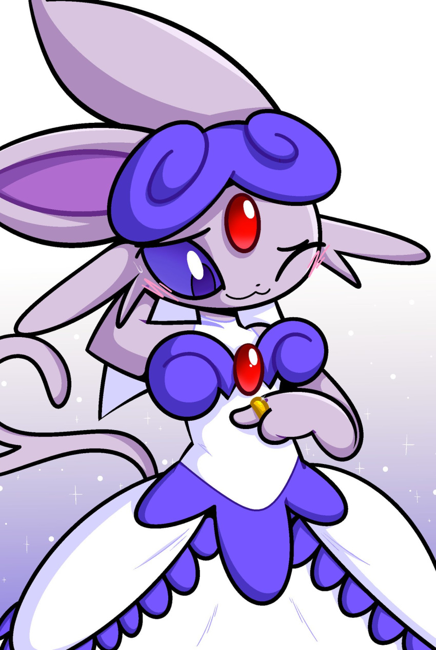 2019 ambiguous_gender anthro black_nose blue_eyes blue_sclera blush clothing digit_ring dress eeveelution ekkokenight espeon forked_tail gradient_background hand_behind_head hi_res jewelry looking_down nintendo one_eye_closed pok&eacute;mon pok&eacute;mon_(species) purple_body ring simple_background smile solo unusual_anatomy unusual_tail video_games wedding_dress wedding_ring white_clothing