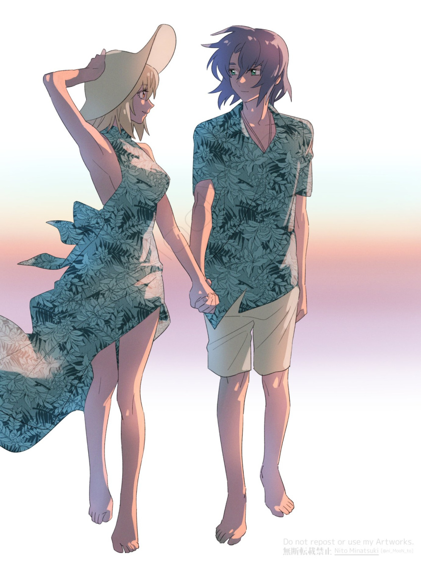 1boy 1girl arm_behind_head athrun_zala back_bow bangs bare_arms barefoot blonde_hair blue_eyes blue_hair bow breasts cagalli_yula_athha couple dress floral_print full_body gundam gundam_seed hair_between_eyes halter_dress halterneck hat hetero highres holding holding_clothes holding_hat jewelry long_dress looking_at_another medium_breasts medium_hair necklace nito_minatsuki orange_eyes parted_bangs print_dress print_shirt shirt short_sleeves shorts side_slit sideboob sleeveless sleeveless_dress smile walking white_shorts